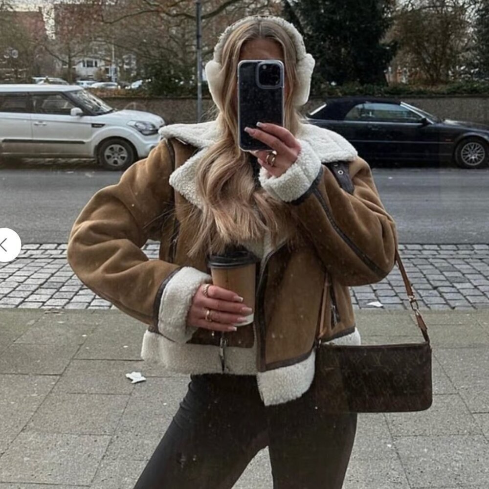 ZARA DOUBLE FACED FLEECE STRUCTURED MOTO JACKET SHEEPSKIN CHESTNUT TAN AVIATOR S